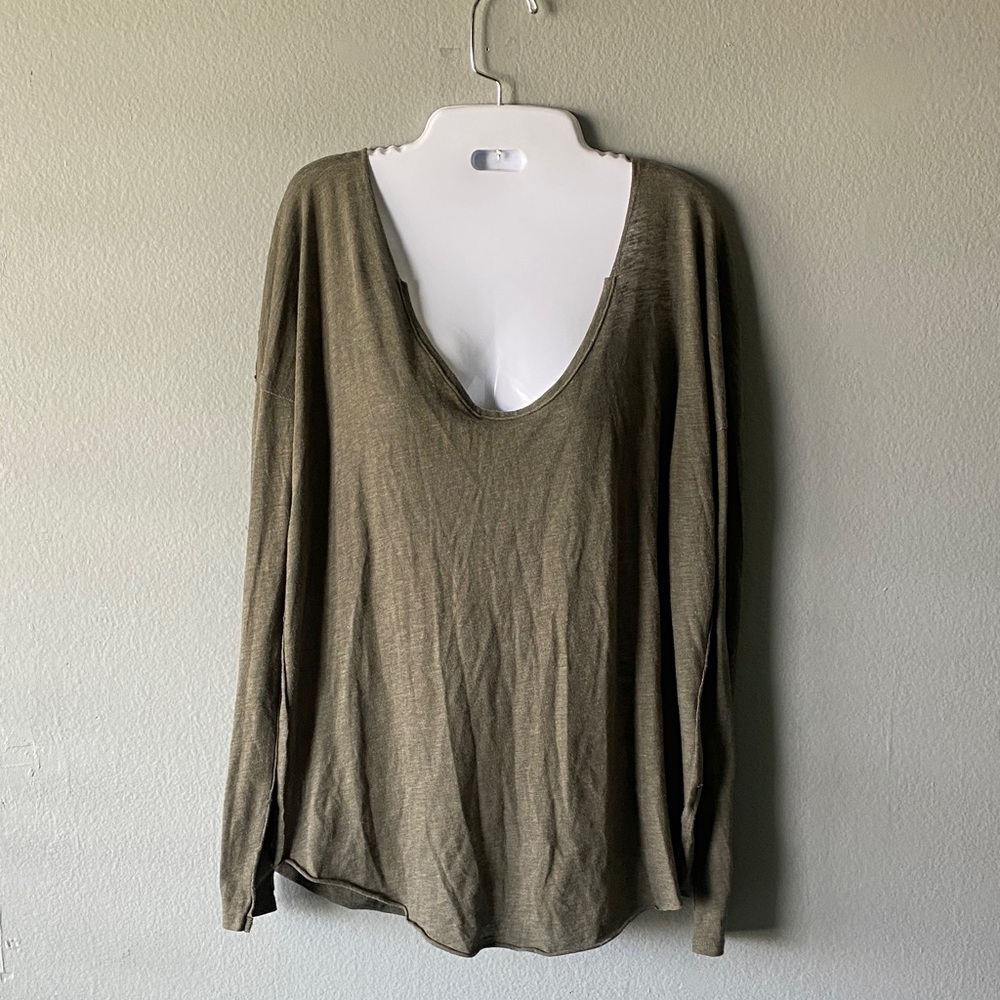 Free People We The Free Olive Green Deep V-Neck Long Sleeve Top